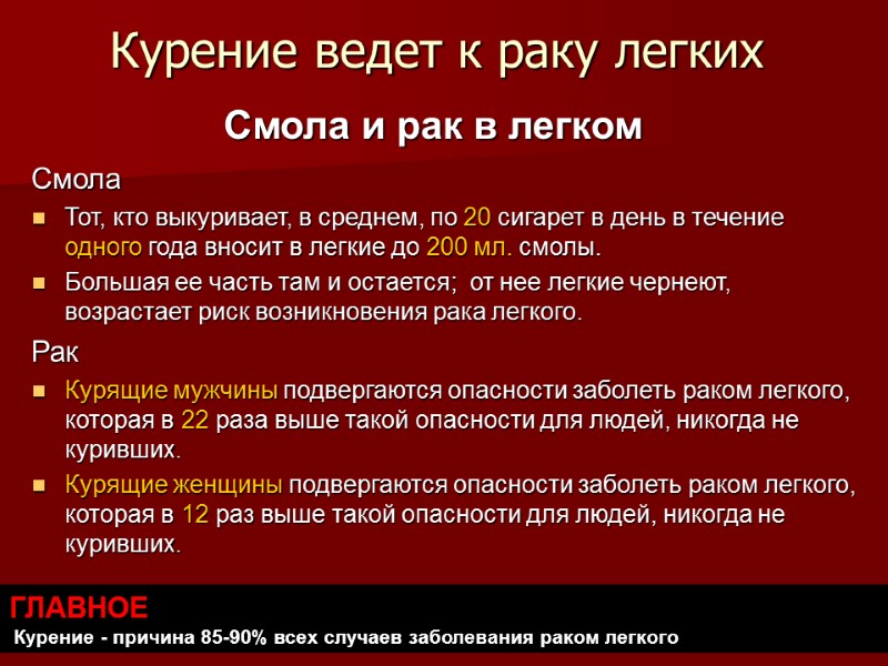 Курение ведет к раку легких Смола Тот, кто выкуривает, в среднем, по 20 сигарет